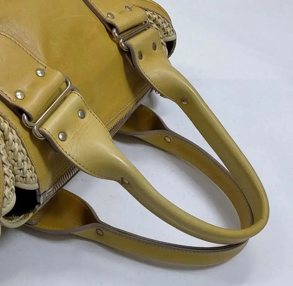 Chloé Yellow Leather and Woven Straw Detail Satchel Tote